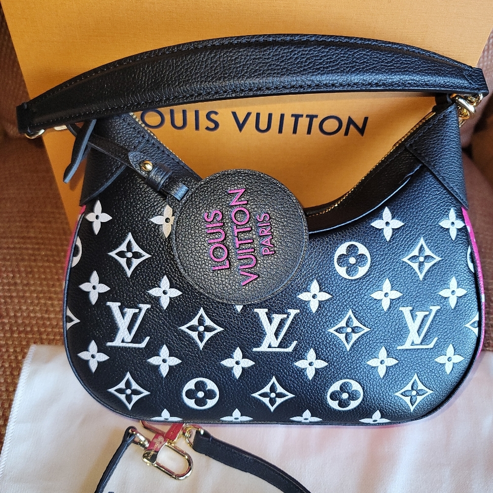Louis Vuitton Bagatelle BB Hobo Empreinte Giant Monogram Flower Black Bag &Charm